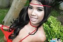 Small tits Poy strips red bodystocking in garden under parasol